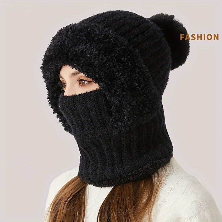 1pc Winter Warmth Acrylic Fleece-Lined Knit Beanie with Ear Flaps, Windproof Neck Gaiter Hood for Outdoor Cycling, Stretchable New Year'S Gift Hat, 100% Acrylic Woven Craftsmanship