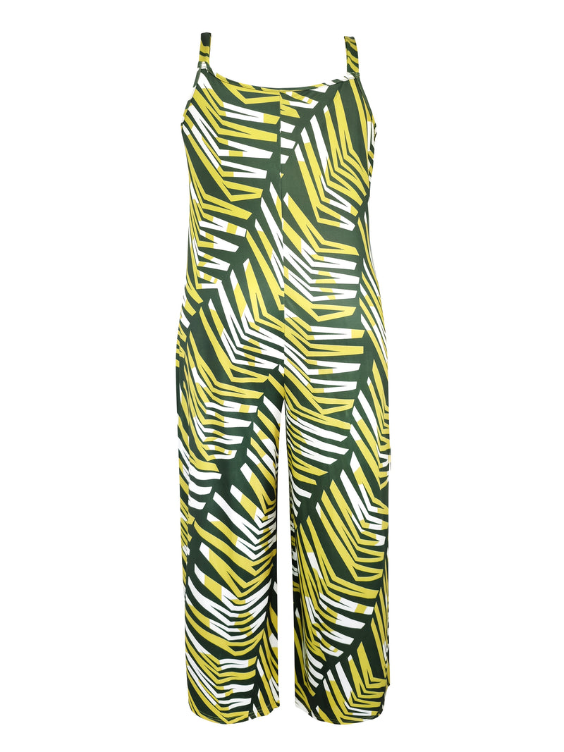 Plus Size, Plus Size Women's Sleeveless V-Neck Geometric Striped Jumpsuit - Wide-Leg Beach Vacation Outfit, Green Yellow White Purple Casual Elegance, Machine Washable All-Season Wear, Beach Clothes, Summer Wardrobe, Elegant