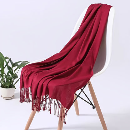 1pc Elegant and simple plain tassel long scarf with warm and versatile thin fabric, suitable for daily wear in all seasons, can also be used as a lady's air-conditioning shawl