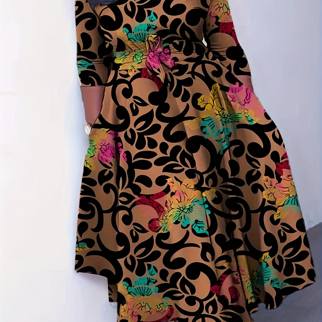 Elegante vestido de poliéster de talla grande con cinturón: cuello redondo elástico cómodo, estilo informal para el fin de semana, dobladillo recto, silueta grande con bolsillos, manga corta, tejido de punto jersey para primavera, verano y otoño.