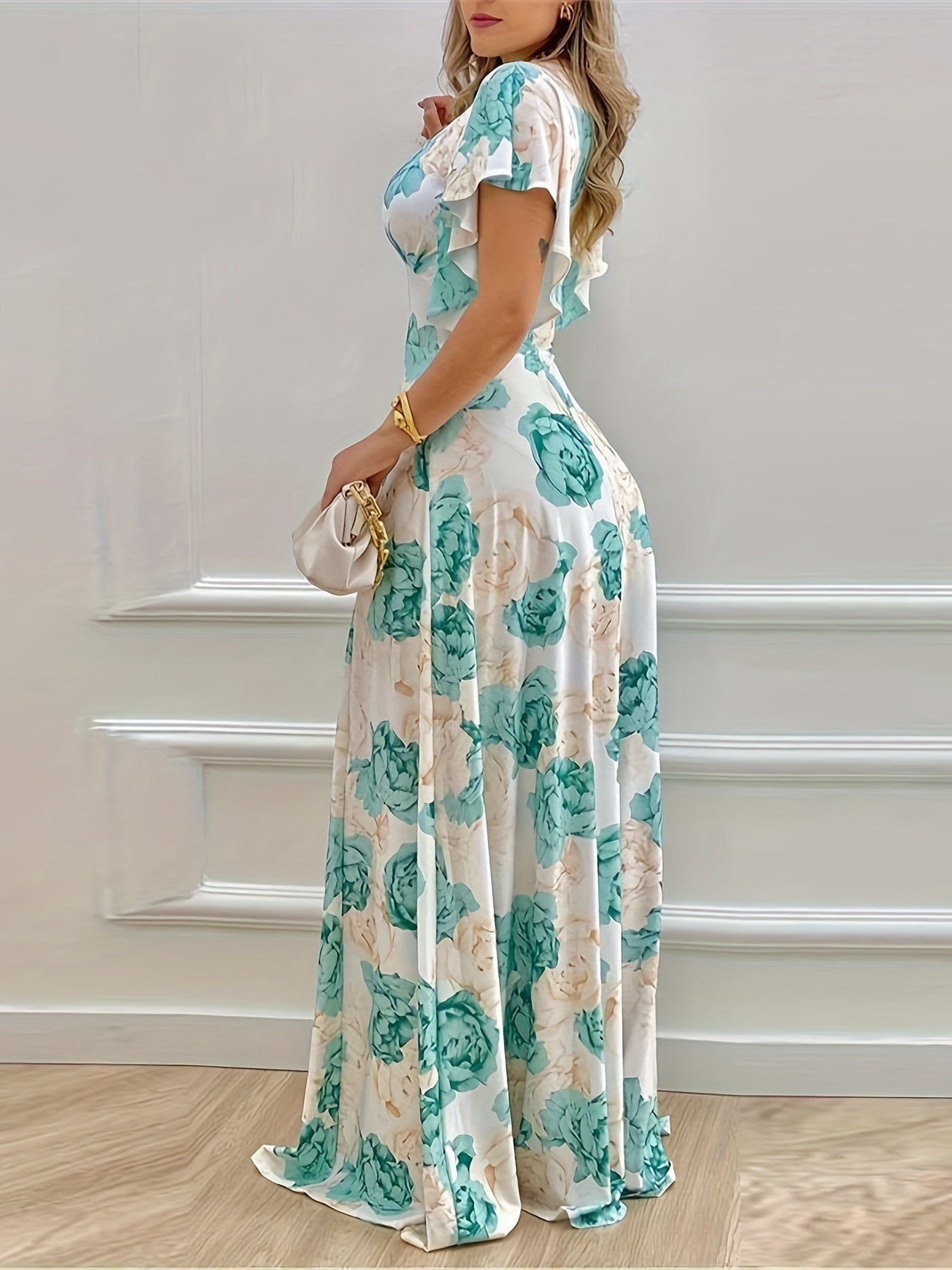 Floral Print Plunge Neck A-line Dress, Elegant Vacation Flutter Sleeve Maxi Length Dress For Spring & Summer, Women's Clothing