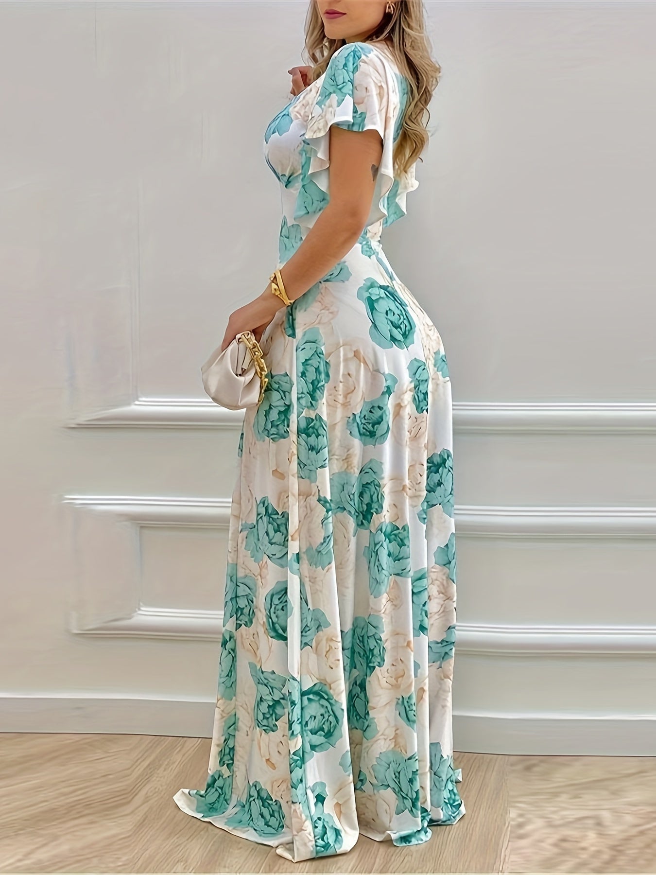 Floral Print Plunge Neck A-line Dress, Elegant Vacation Flutter Sleeve Maxi Length Dress For Spring &amp; Summer, Women's Clothing