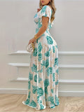 Floral Print Plunge Neck A-line Dress, Elegant Vacation Flutter Sleeve Maxi Length Dress For Spring &amp; Summer, Women's Clothing