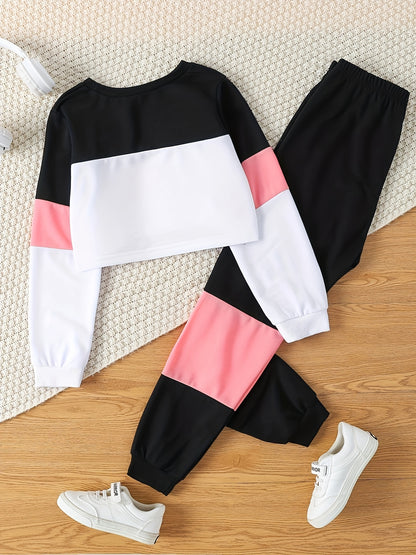 Youngsters's Spring and Autumn Style Letter Print Round Neck Short Long Sleeve Top and Color-Matching Spliced Long Pants Casual Two-Piece Set, Perfect for Outdoor