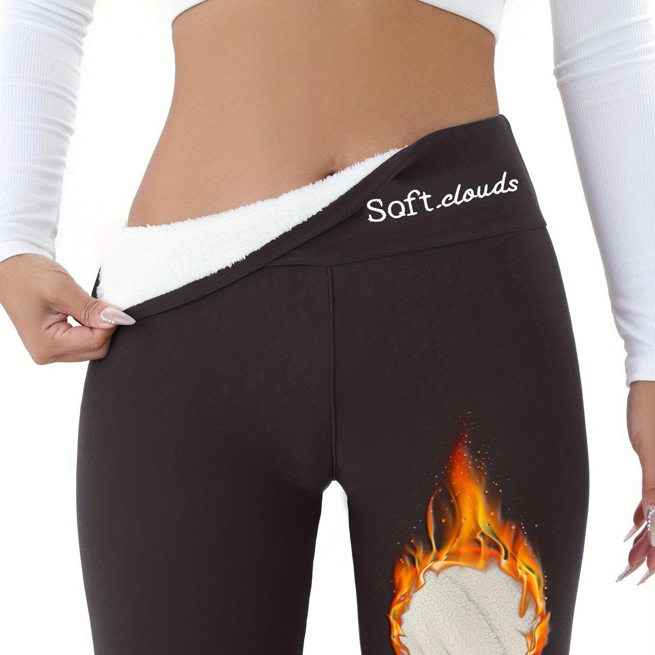 Women's Elegant Embroidered Fleece-Lined Leggings - Soft, Stretchy, Warm Fall & Winter Black Pants with Flame Detail, Plus Size Pants