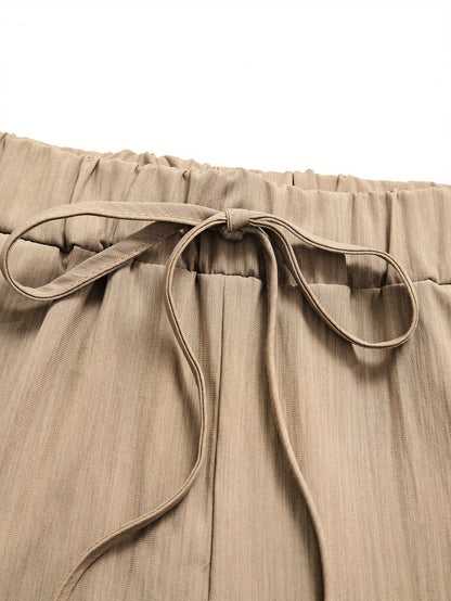 Women'S Casual Beige Knotted Top & Matching Pants Set - Spring/Summer Style, Solid Color, Relaxed Fit with Drawstring Waist, Stylish Accessory Bag, Everyday Casual Wear|Stylish Knotted Top|Drawstring Waist Pants, Casual Wear
