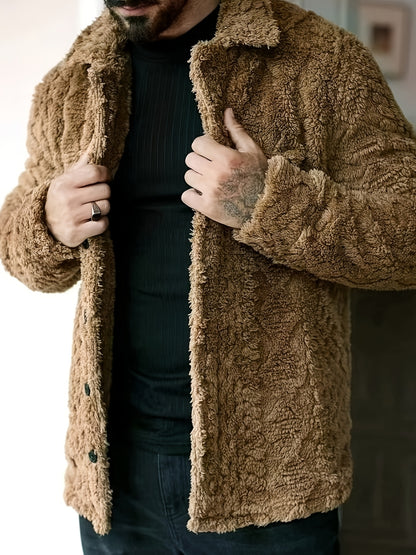 Men's Casual Solid Color Flannel Jacket - Cozy Polyester, Button-Up Outerwear with Pockets, Long Sleeves for Fall & Winter