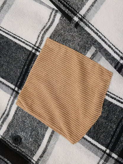 1pc Men'S Casual Plaid Fleece Jacket, Thickened Outerwear with Button Closure, Polyester Fabric, Non-Stretch, Regular Fit, Autumn/Winter Season, Solid Color Pocket Detail