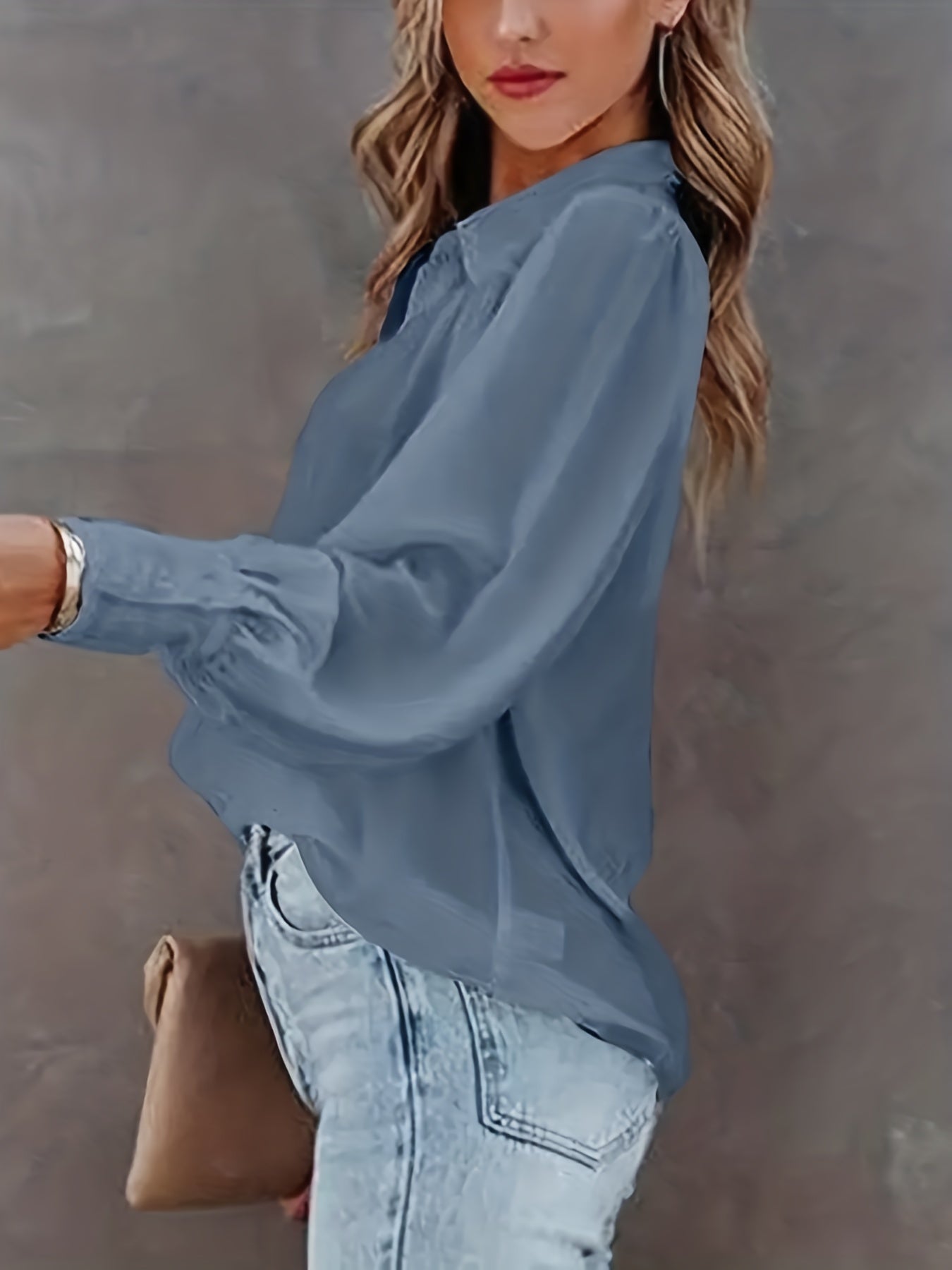 Blusa básica de talla grande para mujer, con botones, mangas farol, cuello vuelto, ligeramente elástica