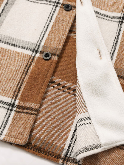 1pc Men'S Casual Plaid Fleece Jacket, Thickened Outerwear with Button Closure, Polyester Fabric, Non-Stretch, Regular Fit, Autumn/Winter Season, Solid Color Pocket Detail