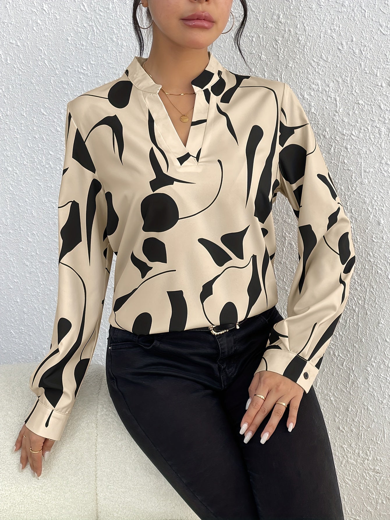 Geo Print V Neck Blouse, Casual Long Sleeve Blouse For Spring & Fall, Women's Clothing