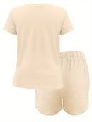2pcs Women'S Plus Size Casual Outfit - Heart Print Short Sleeve T-Shirt & Pocketed Shorts, Stretchy Waistband, Crew Neck, Soft Fabric, Perfect for Spring/Summer