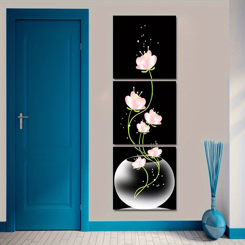 3 lienzos cuadrados con flores rosas, arte de pared para sala de estar, entrada, decoración del hogar, sin marco.