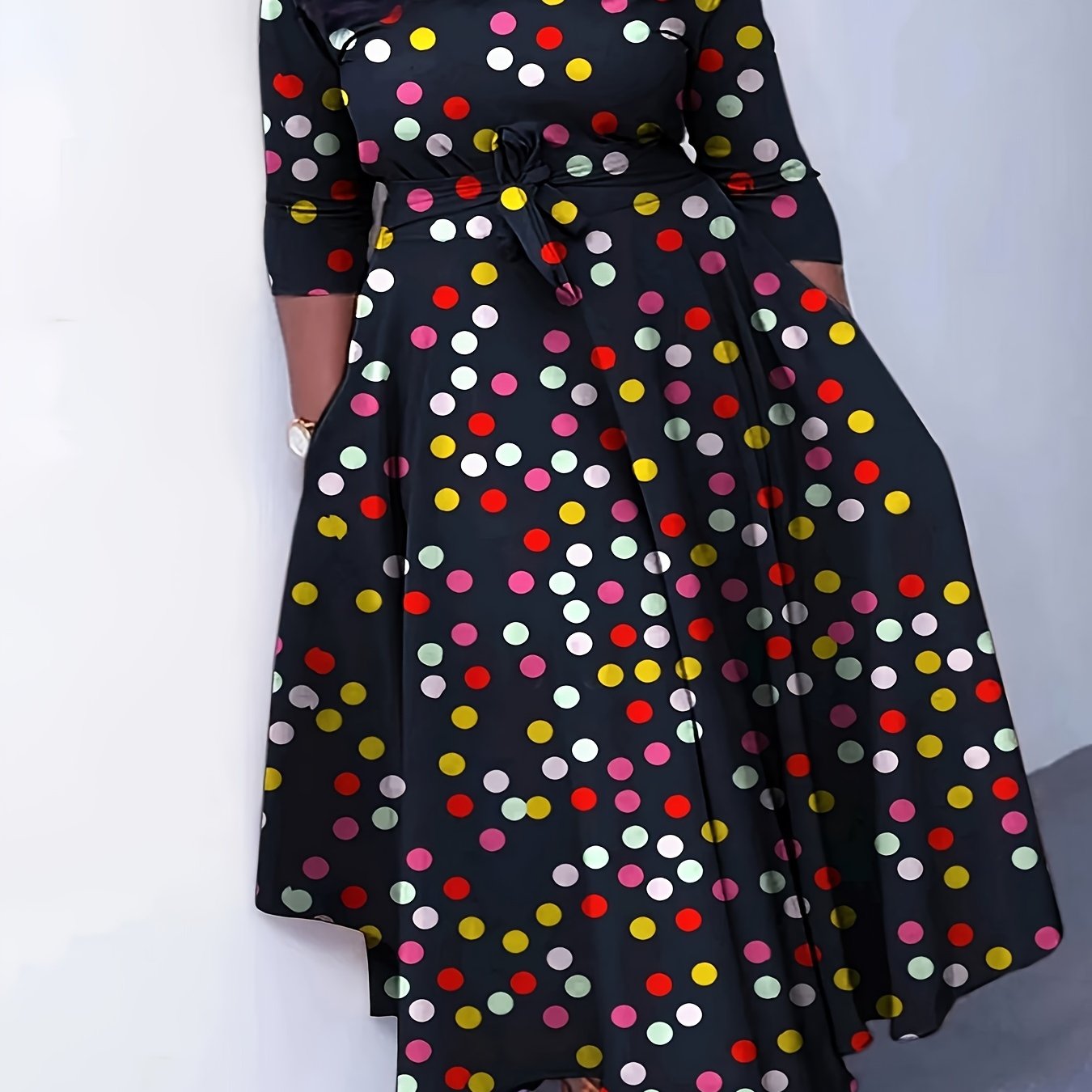 Elegante vestido de poliéster de talla grande con cinturón: cuello redondo elástico cómodo, estilo informal para el fin de semana, dobladillo recto, silueta grande con bolsillos, manga corta, tejido de punto jersey para primavera, verano y otoño.