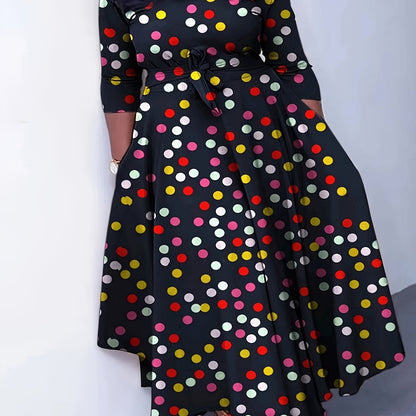 Elegante vestido de poliéster de talla grande con cinturón: cuello redondo elástico cómodo, estilo informal para el fin de semana, dobladillo recto, silueta grande con bolsillos, manga corta, tejido de punto jersey para primavera, verano y otoño.