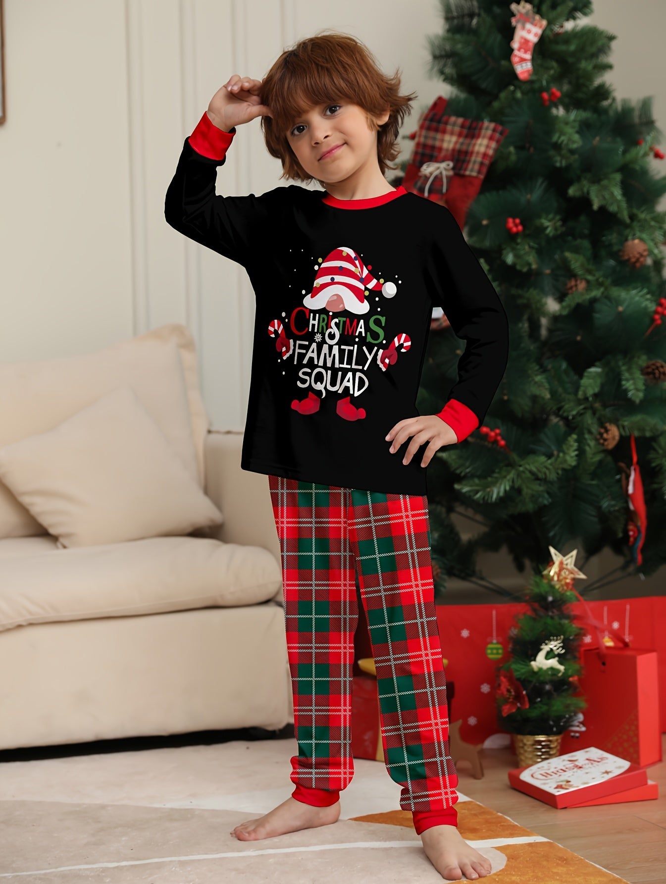 Cozy Youngsters' Christmas Pajama Set - Flame Retardant, Santa Hat & Mini Print, Long Sleeve Black Top with Red Plaid Pants, Cozy Loose Fit for Fall/Winter