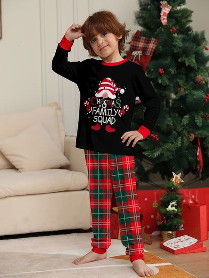 Cozy Youngsters' Christmas Pajama Set - Flame Retardant, Santa Hat & Mini Print, Long Sleeve Black Top with Red Plaid Pants, Cozy Loose Fit for Fall/Winter