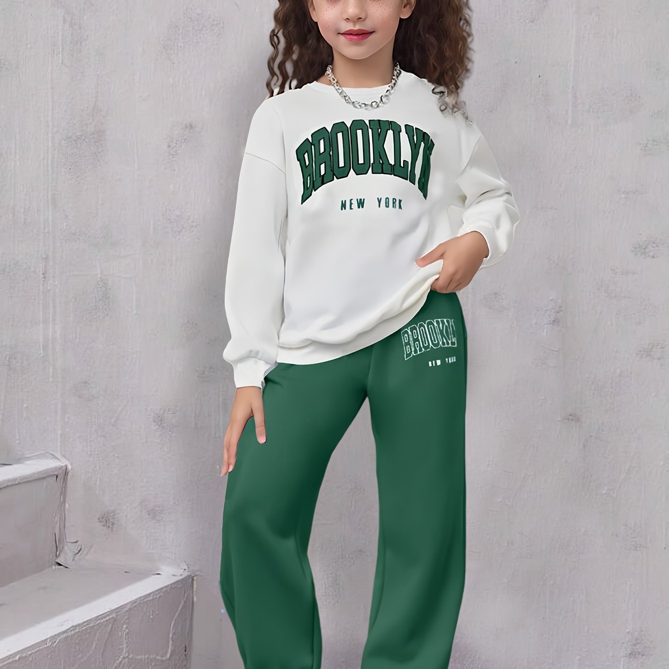 Tween Girls 2pcs/set Casual outdoor Comfy Outfit, BROOKLYN Print Long Sleeve Sweatshirt & Sweatpants For Spring & Fall Sports Daily Wear