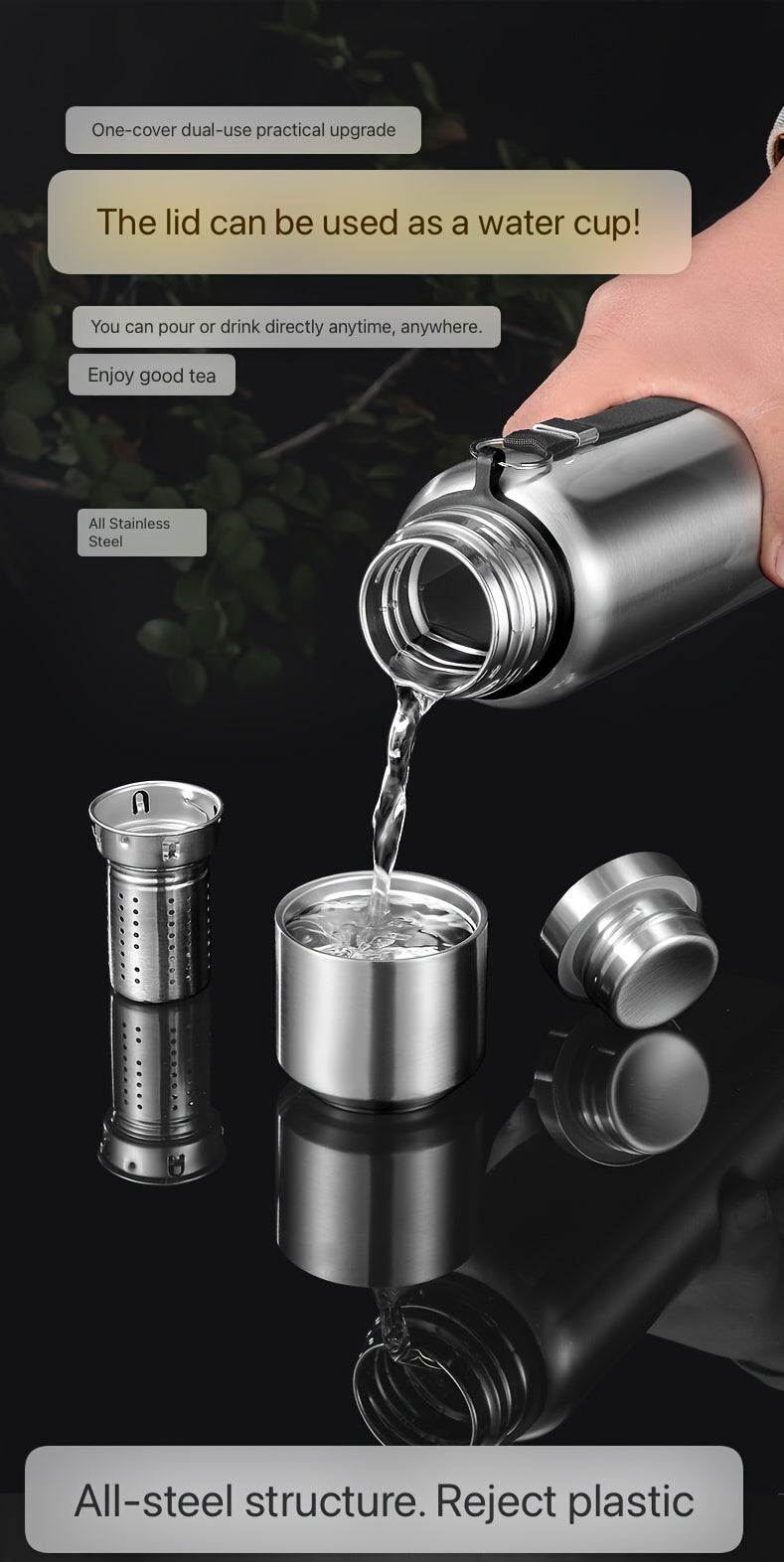 Botella de agua térmica de acero inoxidable: gran capacidad, a prueba de fugas y portátil para actividades al aire libre, deportes y viajes. Sin BPA.