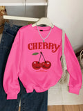 Girls' Vintage Cherry & Letter Print Casual Sweatshirt - Cozy Polyester, Round Neck, Long Sleeve for Fall/Winter