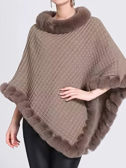 Women's Elegant Cream-Colored Knit Sweater with Faux Fur Trim - High Neck, Batwing Sleeves, Cozy Autumn/Winter Pullover Shawl Cape, Autumn Wardrobe Accessory|High Neck Pullover|Plush Lining