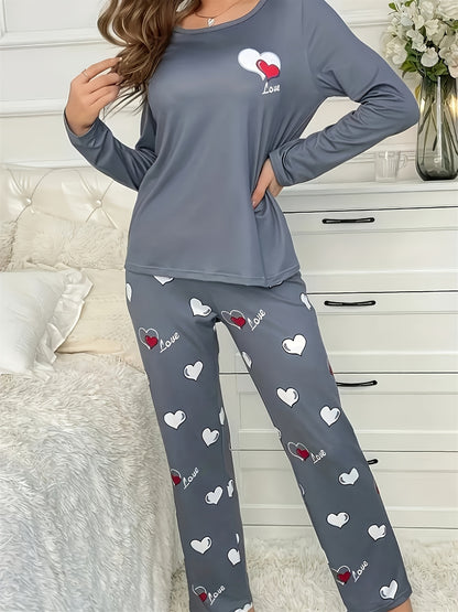 Cozy & Cute Women's Heart Pattern Pajama Set in Dark Gray - Long Sleeve & Pants, Round Neck, Soft Polyester Blend, Machine Washable Sleepwear for Autumn/Winter