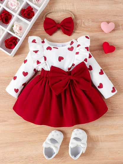 Baby Girls Exquisite &amp; Comfortable Love Print Long Sleeve Color Block Dress For Banquet