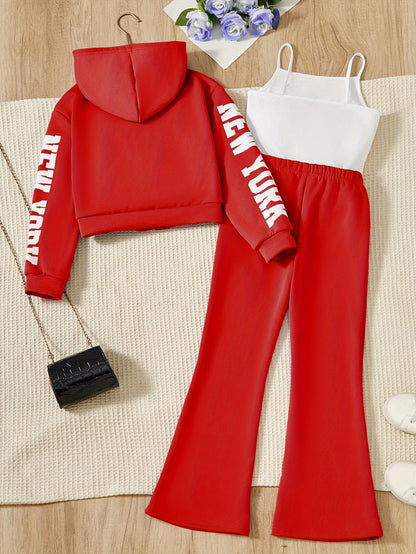 3-Piece Outdoor Sporty Girl's Long Sleeve Zip-up Hoodie + Flared Trousers With Camisole Set - Versatile Comfy For Spring/ Fall Casual Wear, Gift Idea