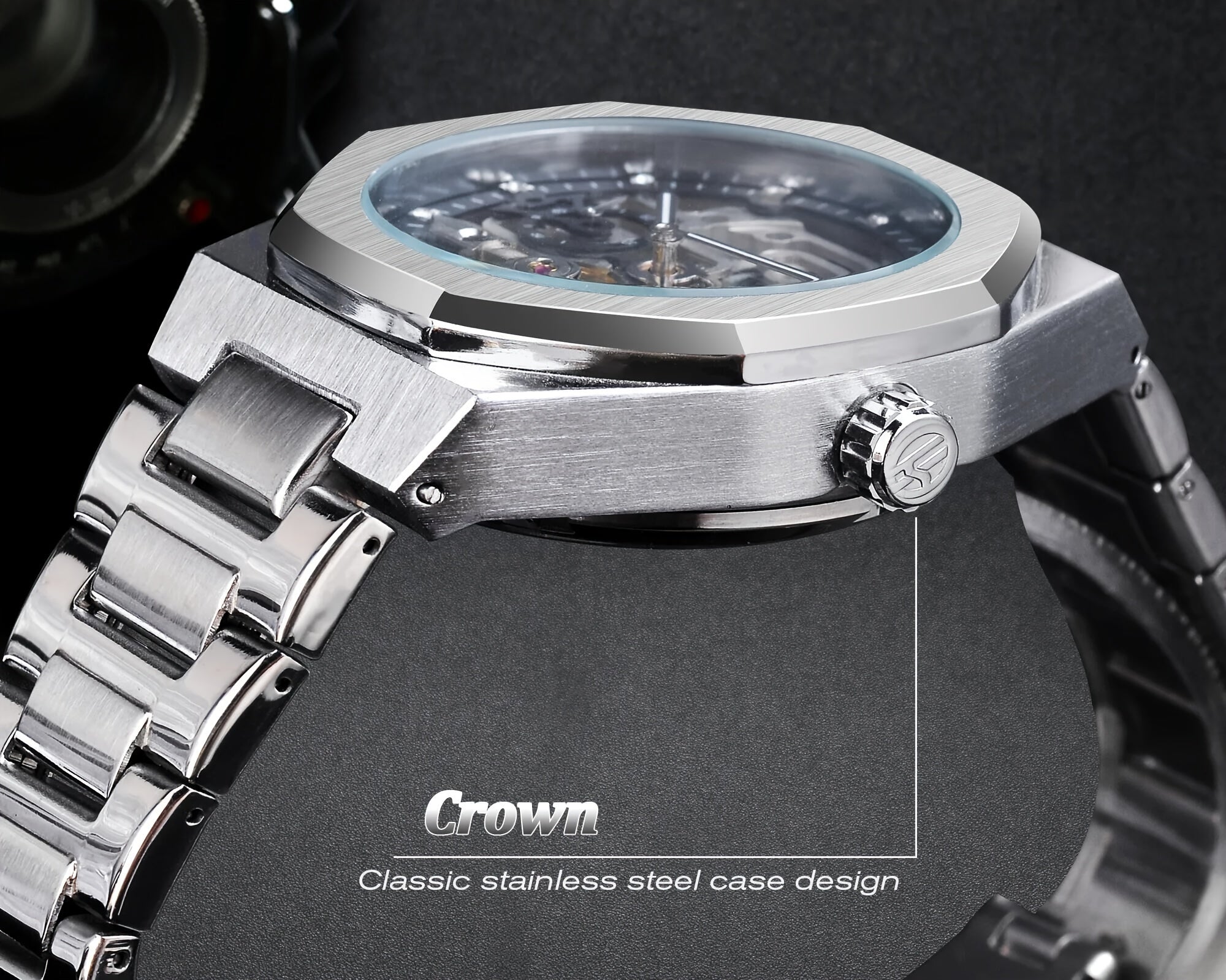 Reloj mecánico automático para hombre: esqueleto de diamantes de imitación 3D, acero inoxidable, estilo deportivo y profesional, regalo perfecto.