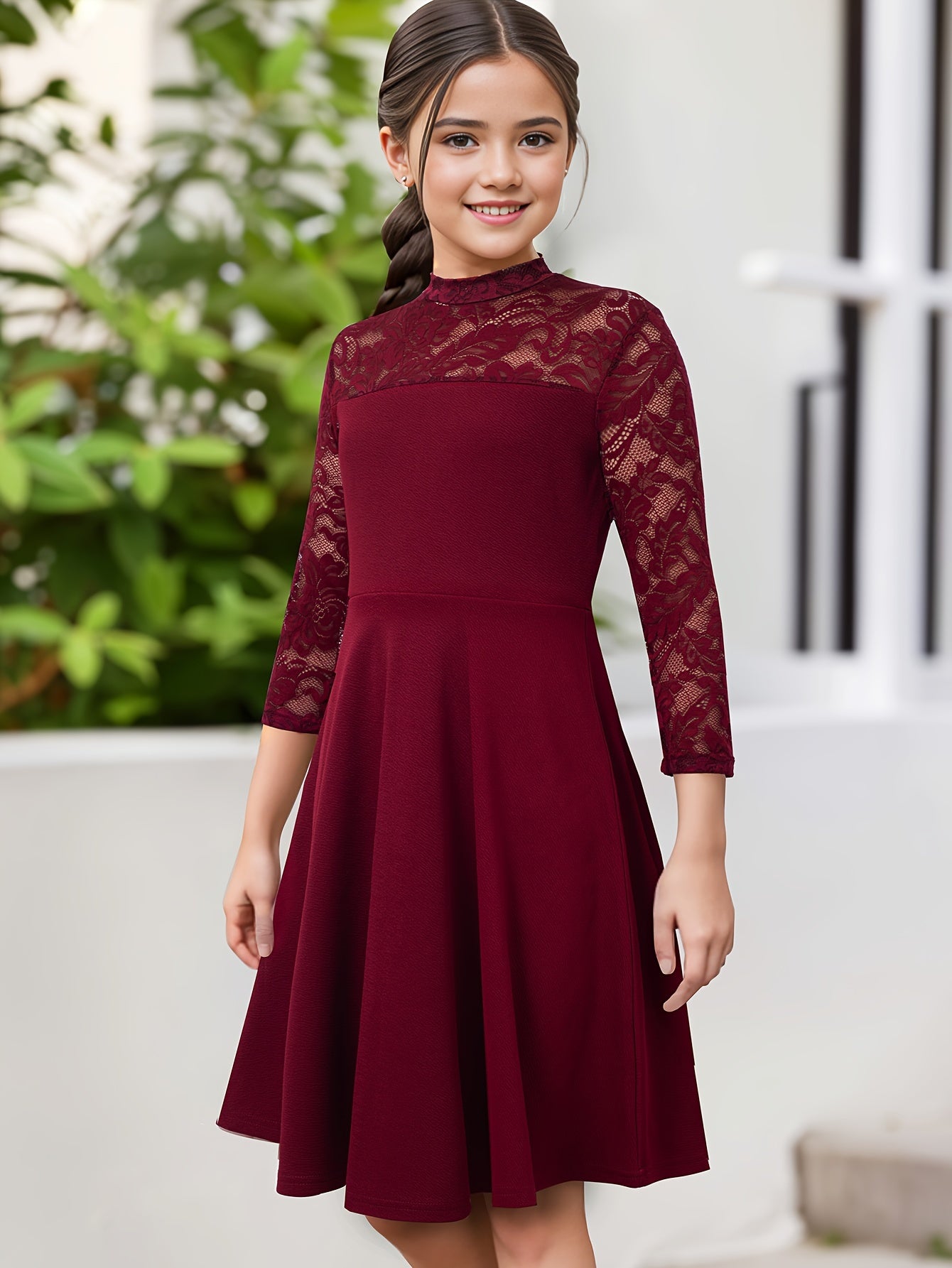 Elegante vestido de niña con encaje y cremallera, de corte A, color liso, mezcla de poliéster elástico, ideal para primavera, verano y otoño.