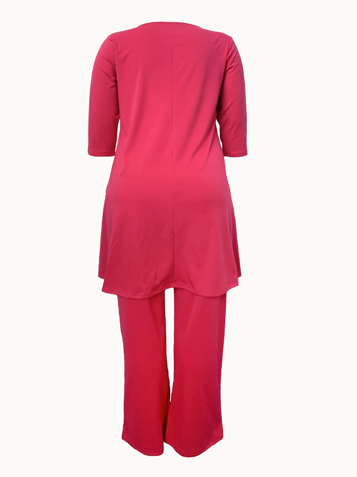 Conjunto de dos piezas de túnica y pantalón de cuello redondo de manga larga lisa para mujer de talla grande.
