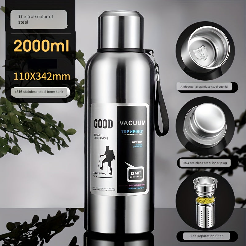 Botella de agua térmica de acero inoxidable: gran capacidad, a prueba de fugas y portátil para actividades al aire libre, deportes y viajes. Sin BPA.