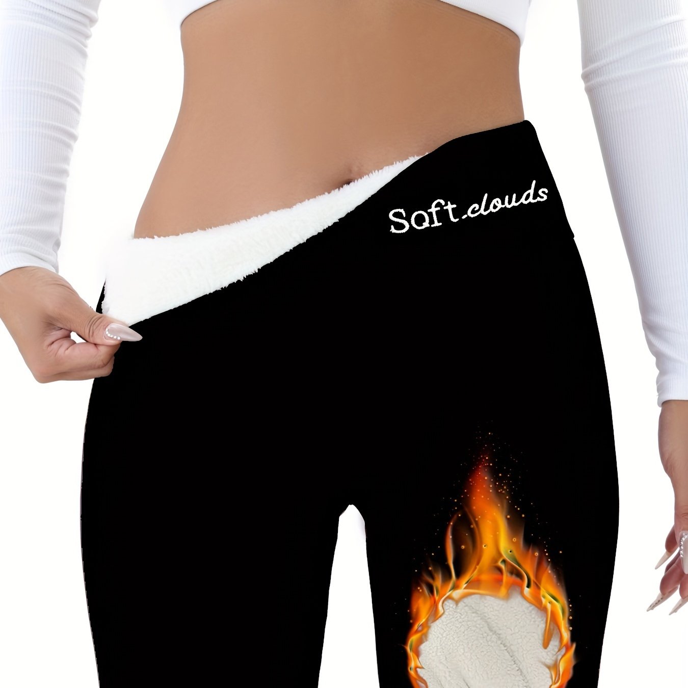 Women's Elegant Embroidered Fleece-Lined Leggings - Soft, Stretchy, Warm Fall & Winter Black Pants with Flame Detail, Plus Size Pants