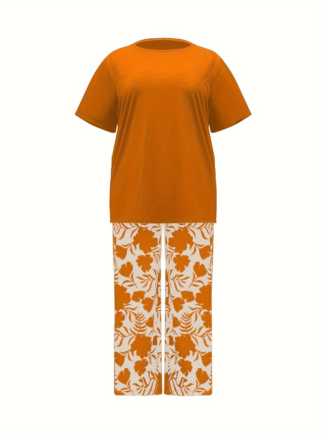 Plus Size Elegant Two-piece Set, Solid Crew Neck Short Sleeve Top & Floral Print Pants Outfits, Women's Plus Size Clothing