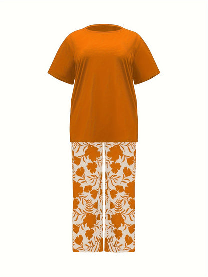Plus Size Elegant Two-piece Set, Solid Crew Neck Short Sleeve Top & Floral Print Pants Outfits, Women's Plus Size Clothing