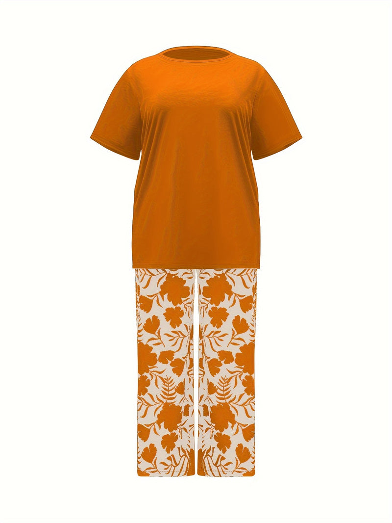 Plus Size Elegant Two-piece Set, Solid Crew Neck Short Sleeve Top & Floral Print Pants Outfits, Women's Plus Size Clothing