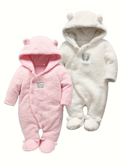 Unisex Baby Winter Warm Coats, Cute Bear Shape Hooded Footed Romper, Newborn Infant Jumpsuit Snowsuit Fleece Bodysuits, Suitable For Indoor And Outdoor Wear