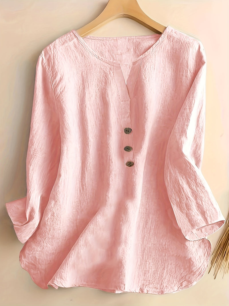 V-Neck Button-Up Top - Loose Fit Solid Color Pullover, Fashionable Casual V-Neck Shirt for Women, Relaxed Fit, Non-Stretch Cotton Linen Blouse