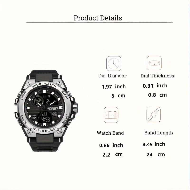 Simple Large Dial Waterproof Calendar Luminous Multi-function Dual Display Watch, Men's Business Sports Outdoor School Supplies Gift