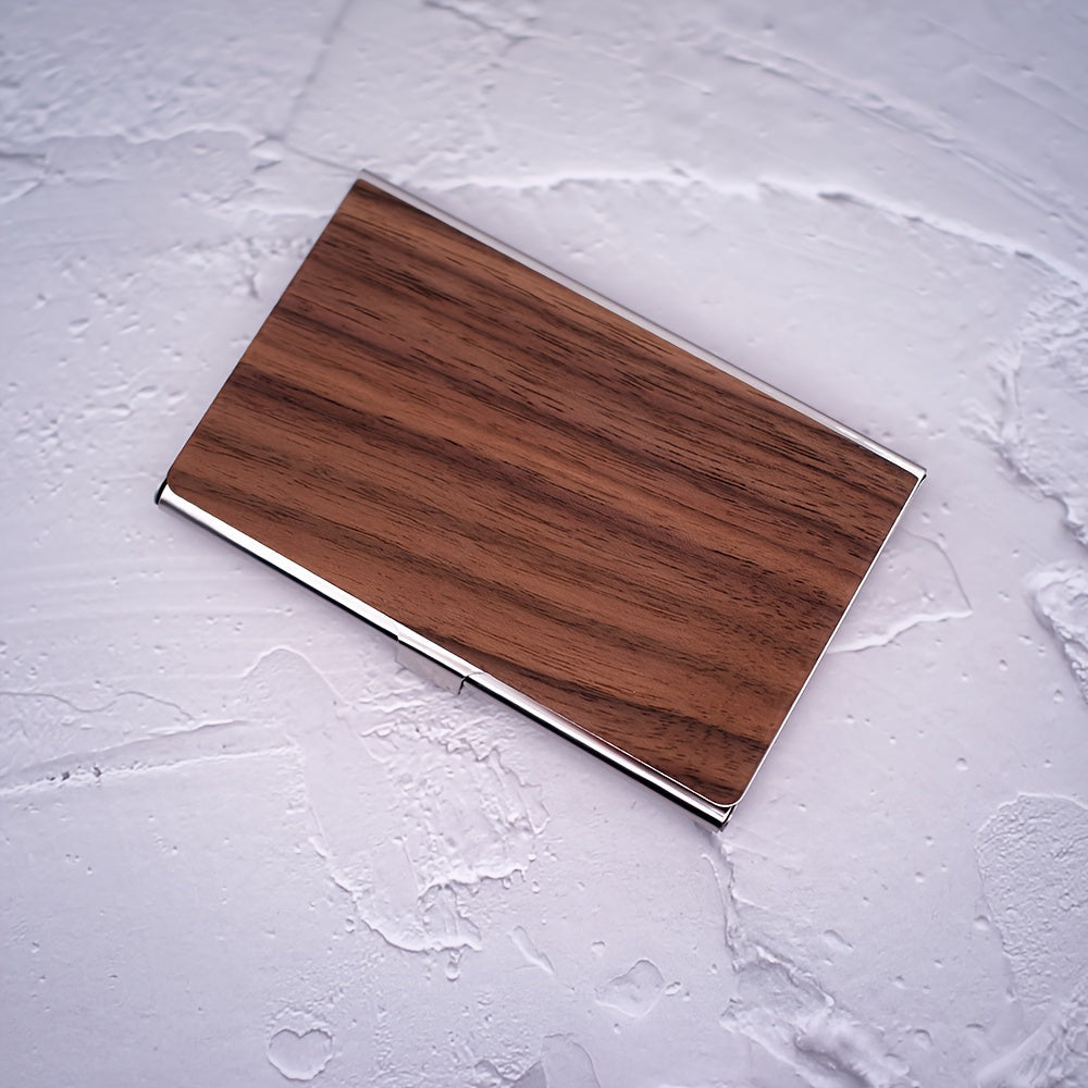Custom Engraved Men's Business Card Holder - Vintage Style, Large Capacity, Solid Wood Grain Design in Deep Brown