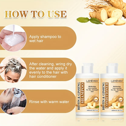 Lanemay Biotin &amp; Ginseng - Set de cuidado capilar (2 champús y acondicionadores) que fortalece y revitaliza el cabello seco y dañado. Sin alcohol, apto para todo tipo de cabello.