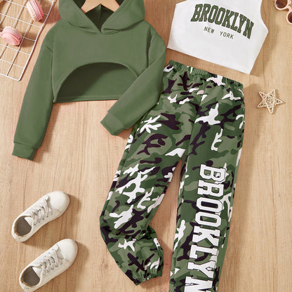 Girls' 3pcs Trendy Outfit Set: Hooded Crop Top, Letter Print Vest & Camo Joggers - Machine Washable Polyester Blend for Fall/Winter, Perfect for Outdoor