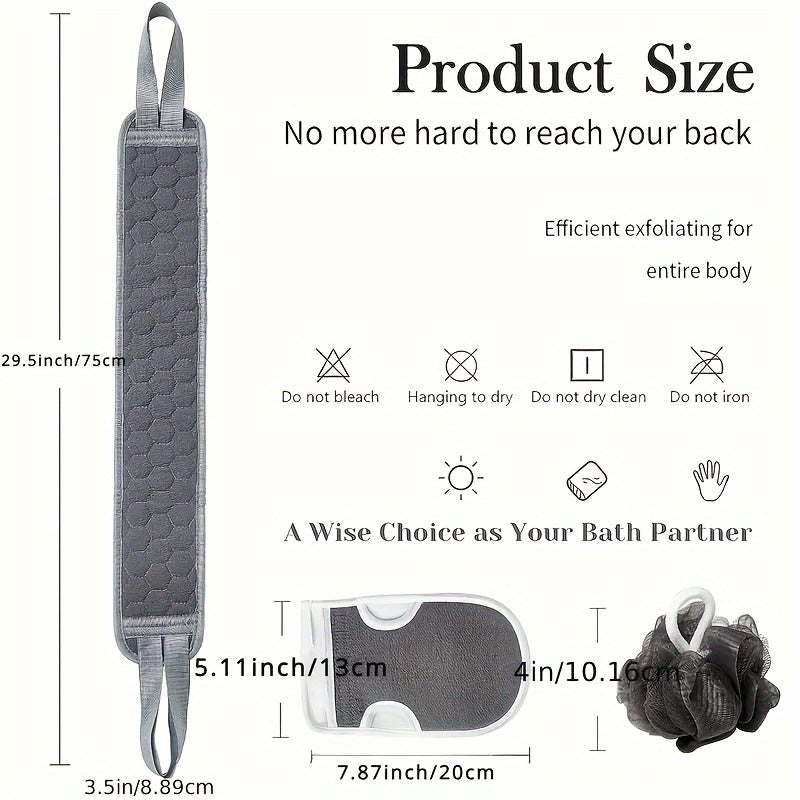 3pcs Back Scrubber Set, Exfoliating Bath Towel, Loofah Sponge, Bath Glove, Durable Body Scrubbers for Shower, Spa Massage