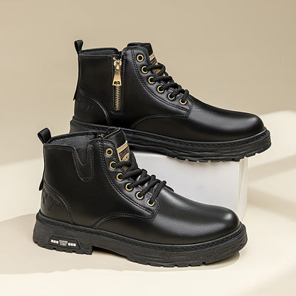 Men's Vintage Cool Lace Up Boots With Side Zipper, Wear-resistant Non-slip Boots For All Seasons