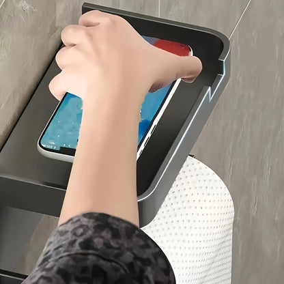 Portarrollos de papel higiénico de pared, fácil de instalar, sin taladros, con soporte para teléfono - Organizador de baño con acabado pulido