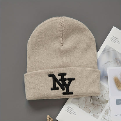 2-Pack Unisex Winter Beanie Hats, Solid Color Knitted Polyester Outdoor Warm Caps, Hand Washable, Fashionable Daily Wear for Men and Women