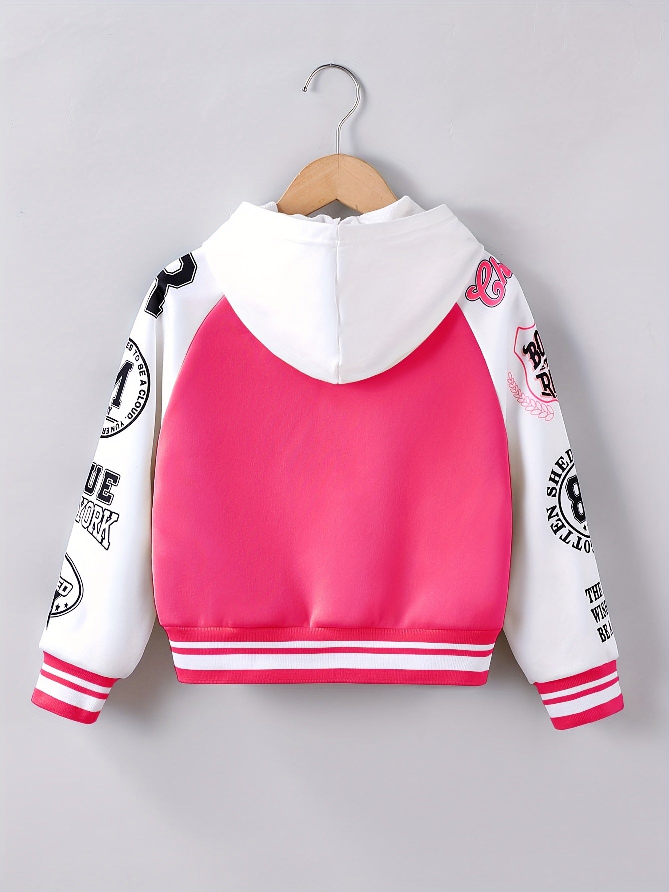 Alphabet LA Pattern Girl's Varsity Jacket, Raglan Color Block Thermal Lined Preppy Jacket Spring/ Fall Outerwear