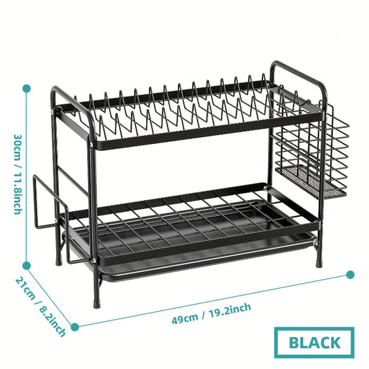 1pc Black 2-Tier Over Sink Dish Drying Rack with Drainboard, Removable Utensil Holder, Cup Rack, and Cutlery Organizer - Metal and Plastic Kitchen Accessory Set Without Electricity