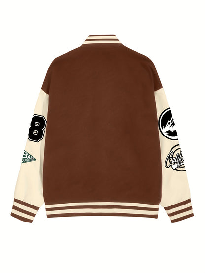 Chic Plus Size Women's Baseball Jacket - Casual Fall/Winter Coat with Letter Print, Button-Up Front, Machine Washable