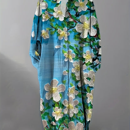 Plus Size - Elegant Floral Print Maxi Dress with Long Sleeves - Blue & White Floral Design, Button-Up Front, Casual Style for Women, All-Season Wear, Casual Summer Dress | Floral Print Dress | Nonstretch Fabric